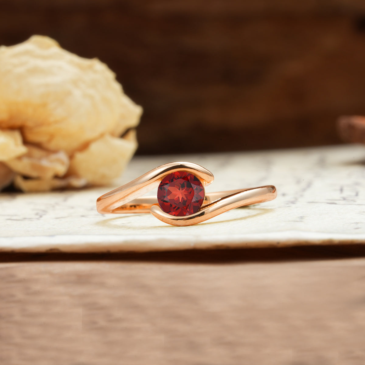 Unique, Minimalist, and Intertwined Round Cut Garnet Engagement Ring - Additional view