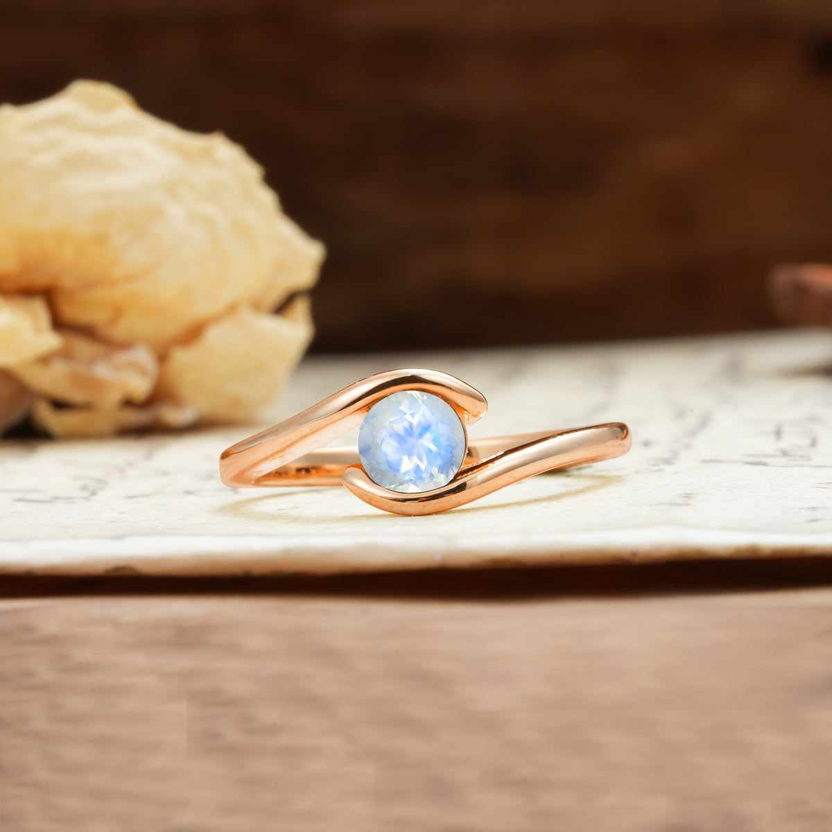 Unique, Minimalist, and Intertwined Round Cut Moonstone Engagement Ring - Additional view