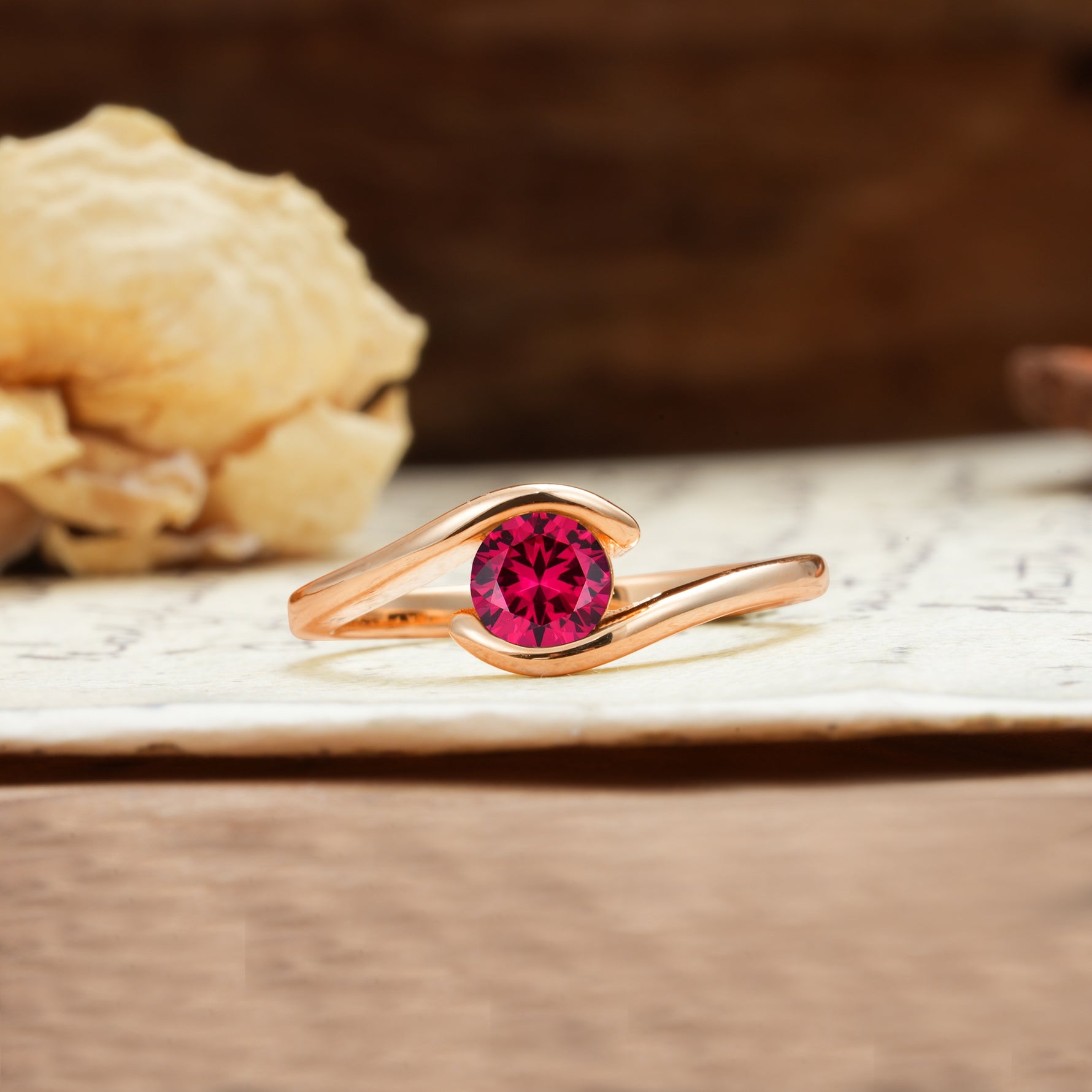 Unique, Minimalist, and Intertwined Round Cut Ruby Engagement Ring - Additional view