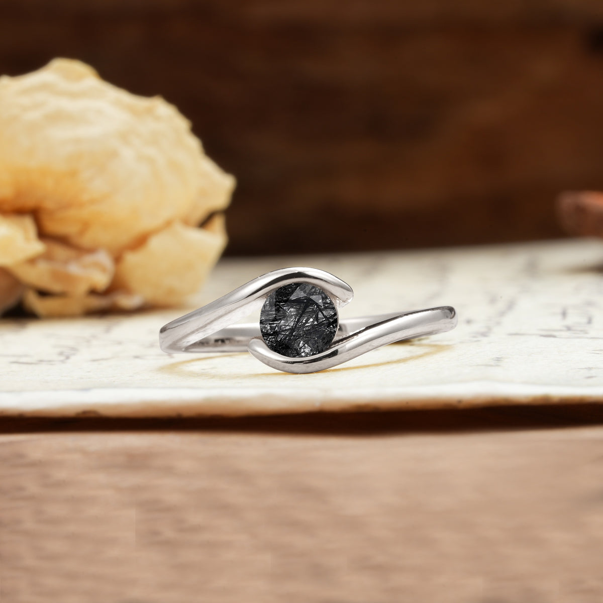 Unique, Minimalist, and Intertwined Round Cut Black Rutilated Quartz Engagement Ring - Additional view