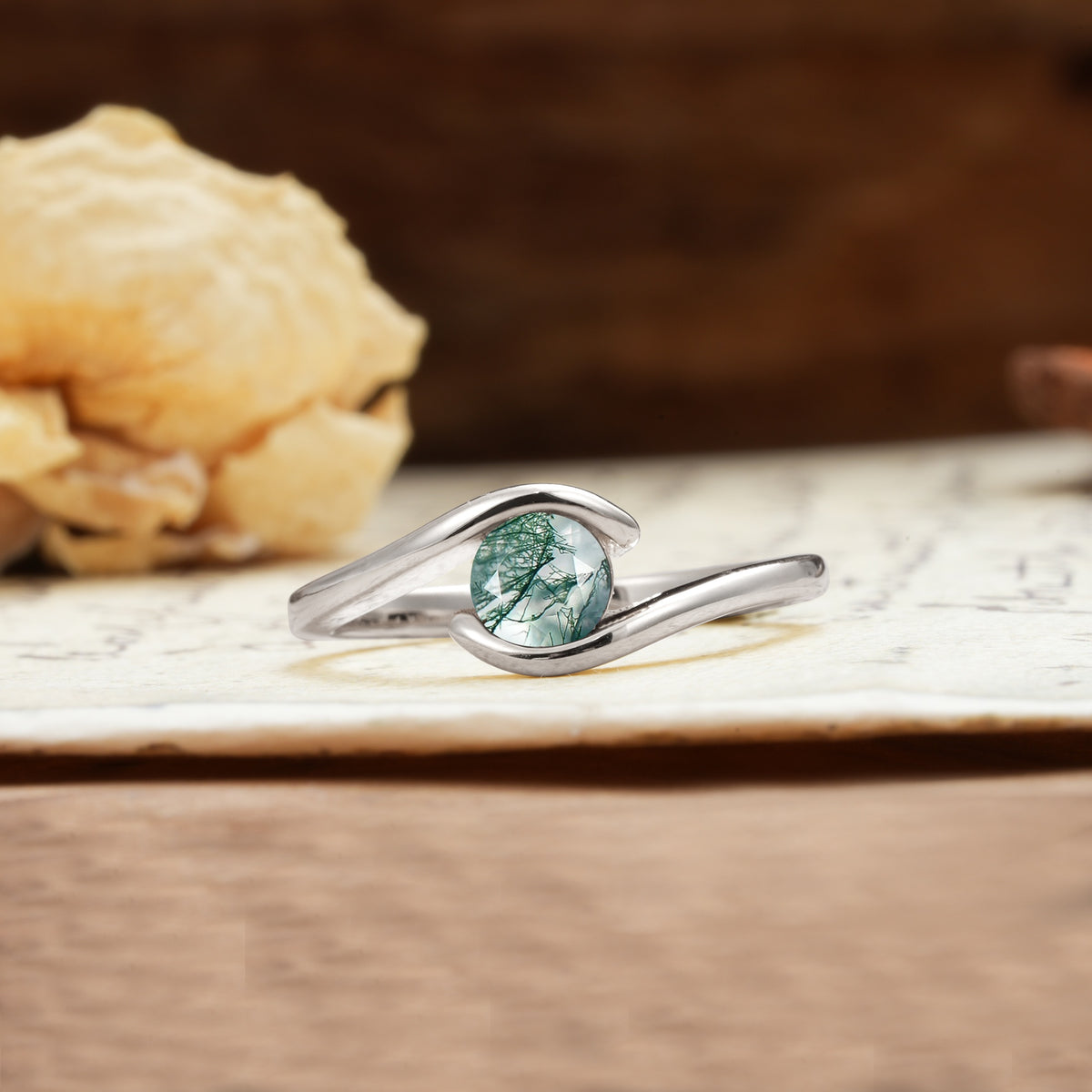 Unique, Minimalist, and Intertwined Round Cut Moss Agate Engagement Ring - Additional view