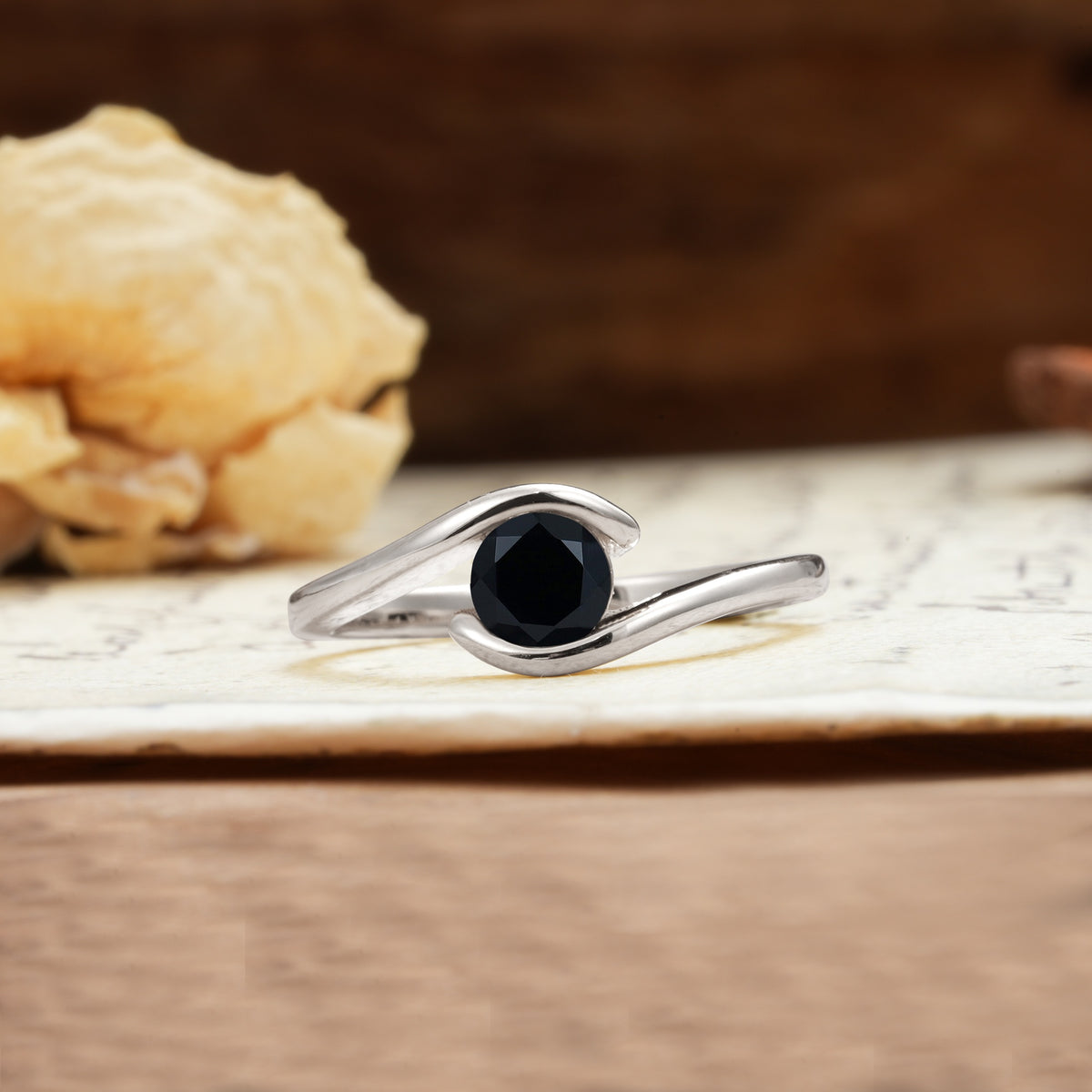 Unique, Minimalist, and Intertwined Round Cut Black Onyx Engagement Ring - Additional view