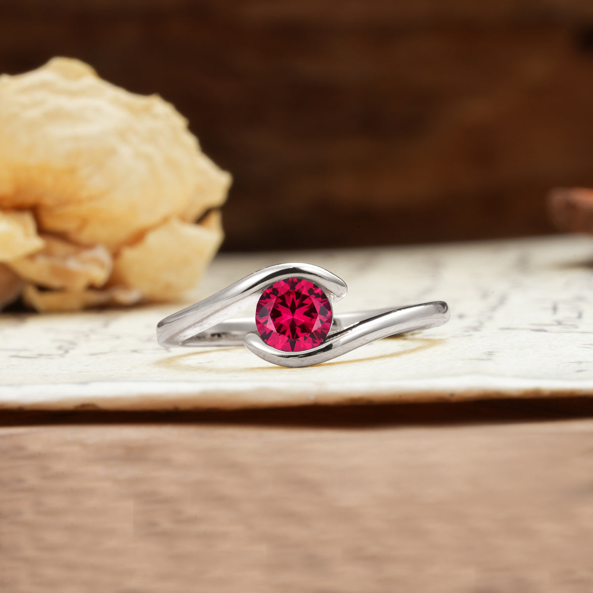 Unique, Minimalist, and Intertwined Round Cut Ruby Engagement Ring - Additional view