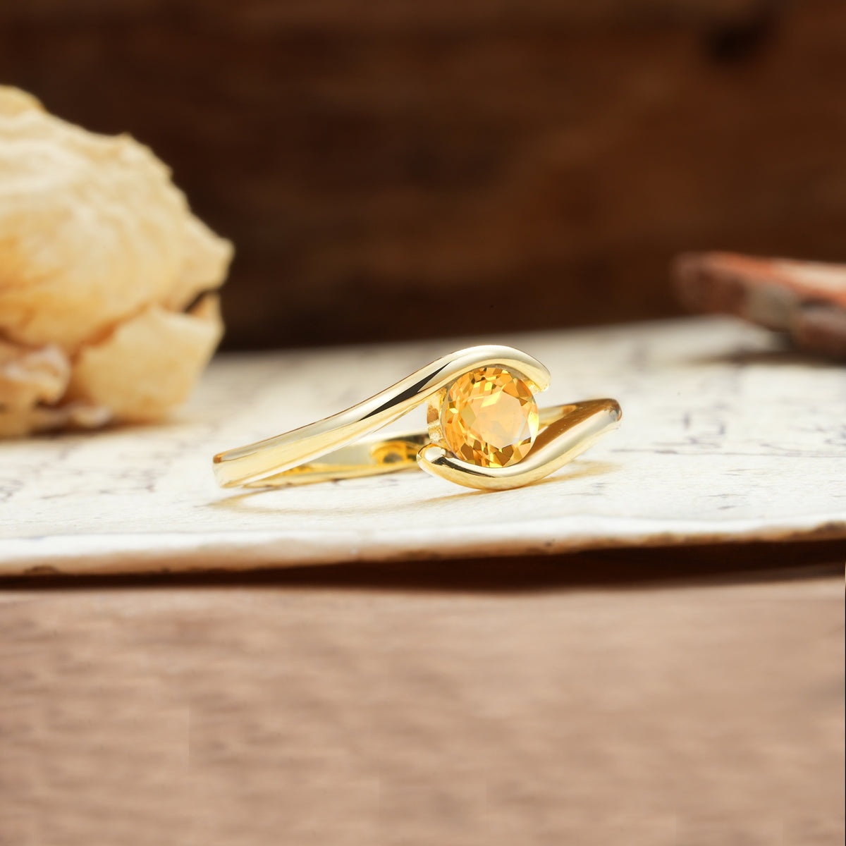 Unique, Minimalist, and Intertwined Round Cut Citrine Engagement Ring - Additional view