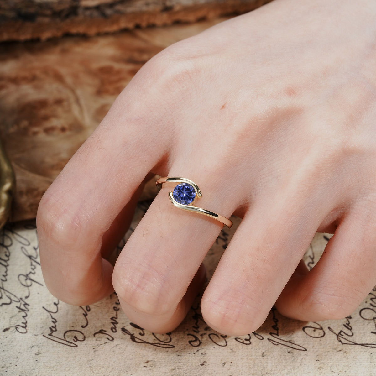Unique, Minimalist, and Intertwined Round Cut Tanzanite Engagement Ring - Additional view