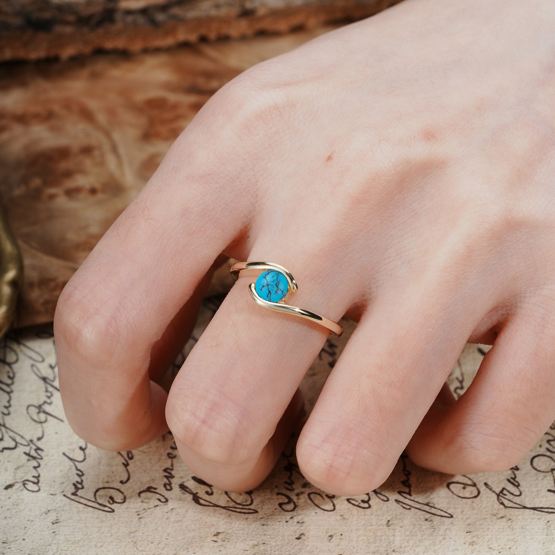 Unique, Minimalist, and Intertwined Round Cut Turquoise Engagement Ring - Additional view