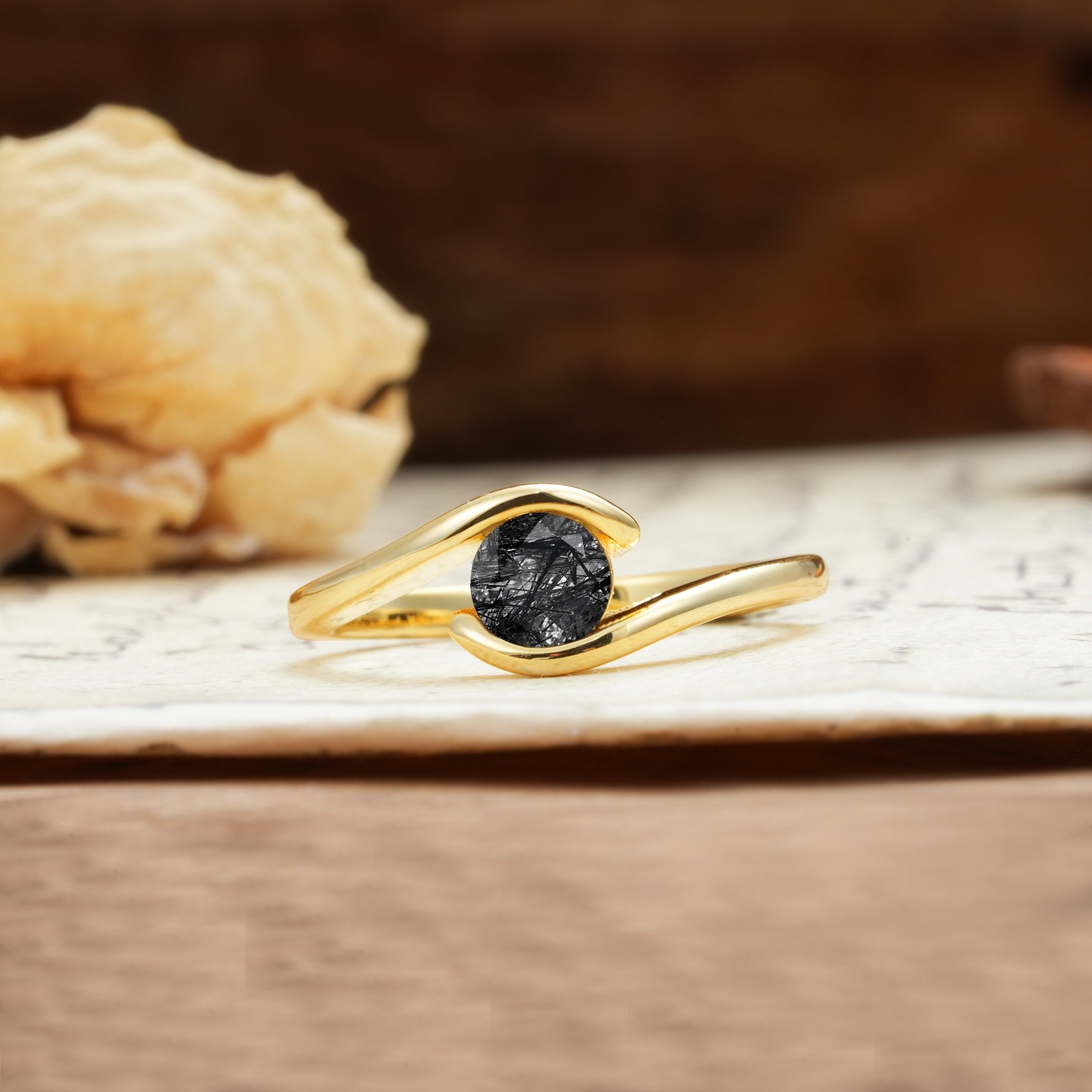 Unique, Minimalist, and Intertwined Round Cut Black Rutilated Quartz Engagement Ring - Additional view
