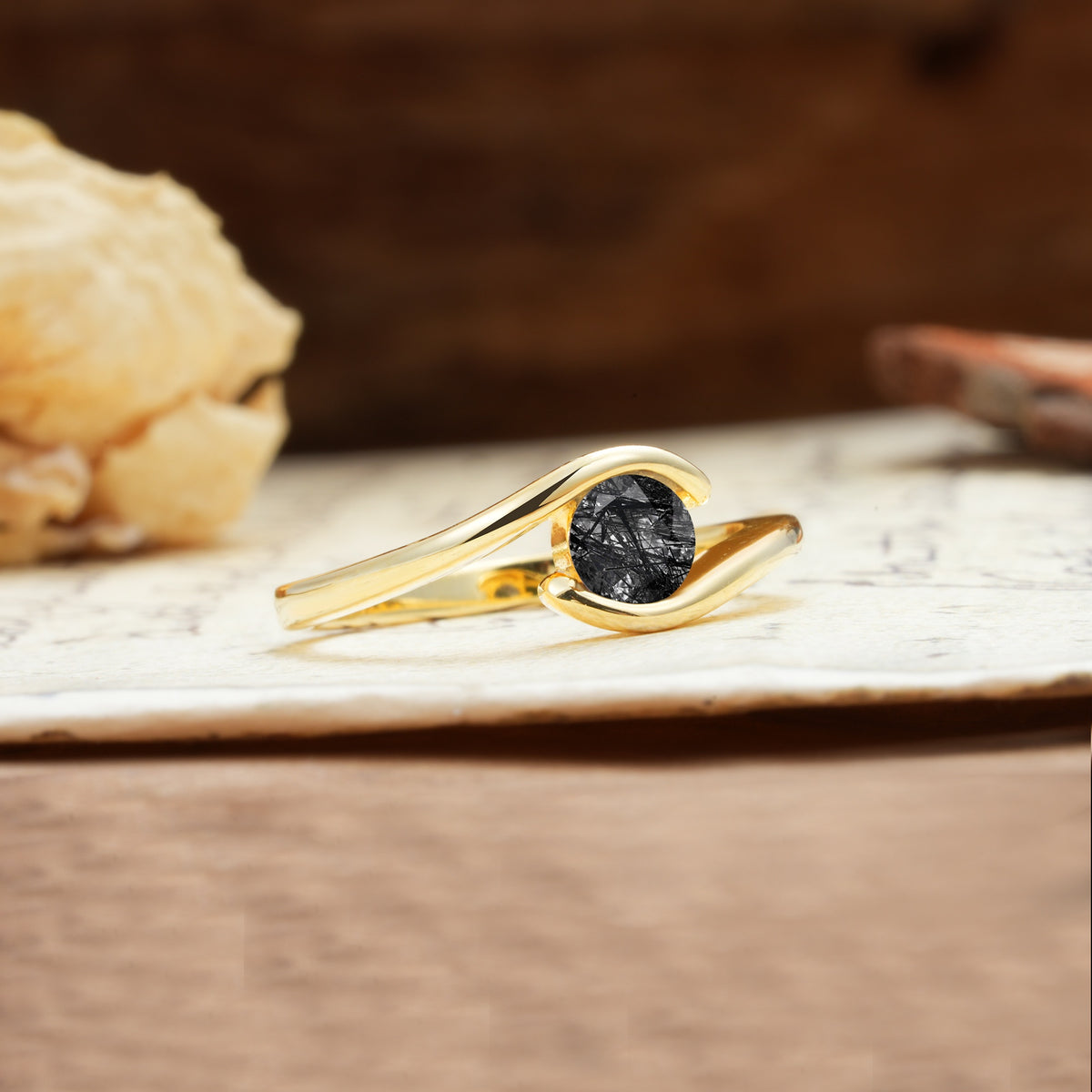 Unique, Minimalist, and Intertwined Round Cut Black Rutilated Quartz Engagement Ring - Additional view