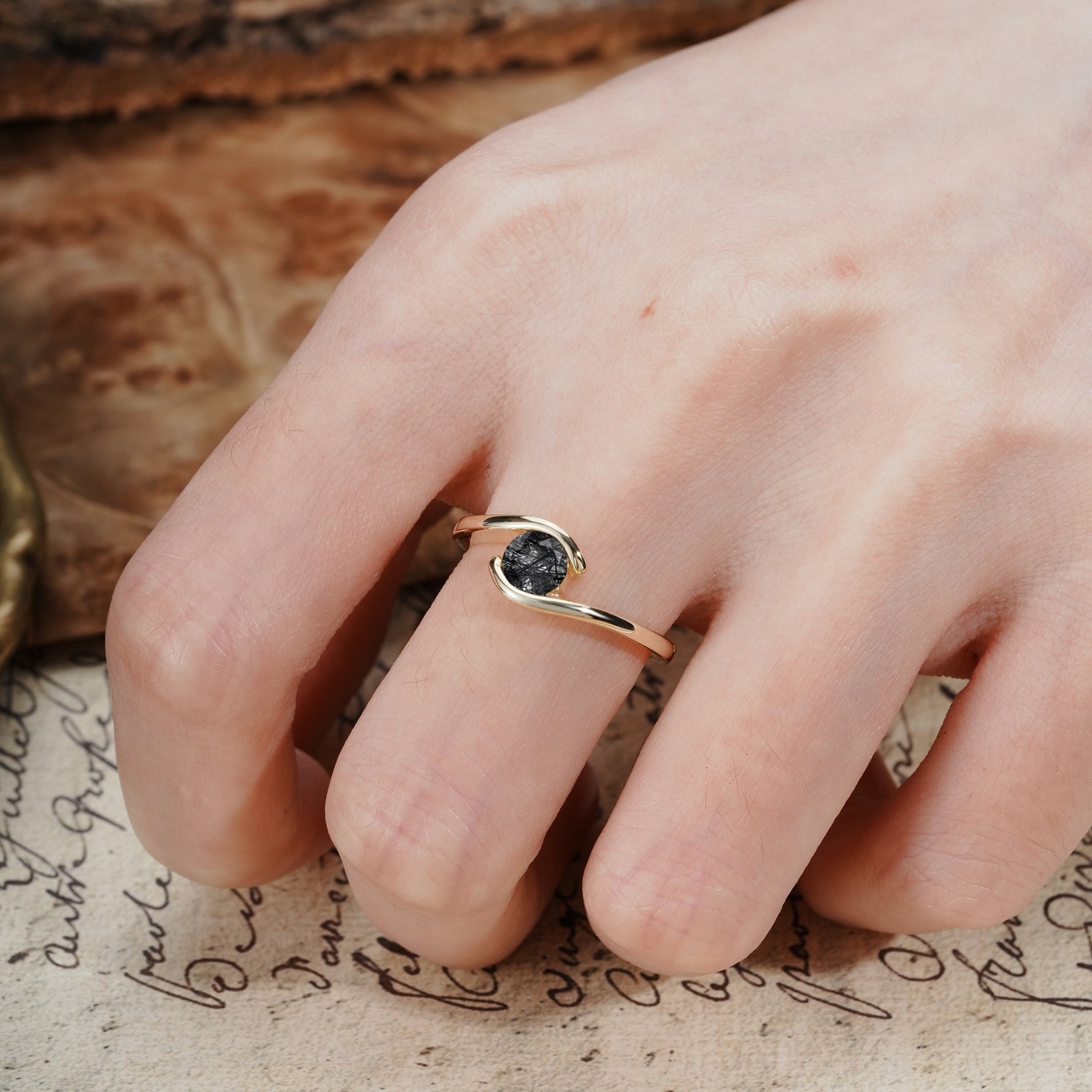 Unique, Minimalist, and Intertwined Round Cut Black Rutilated Quartz Engagement Ring - Additional view