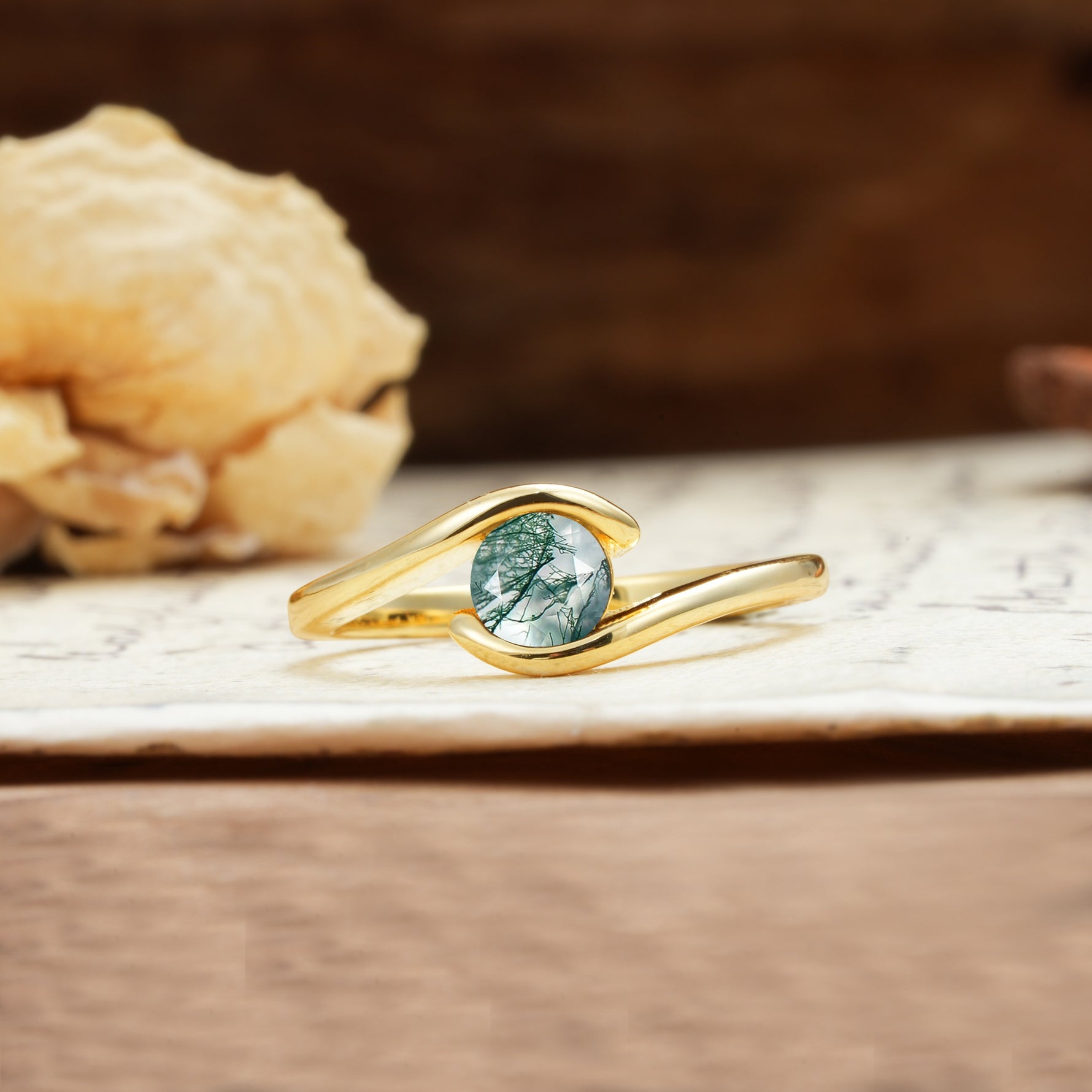 Unique, Minimalist, and Intertwined Round Cut Moss Agate Engagement Ring - Additional view