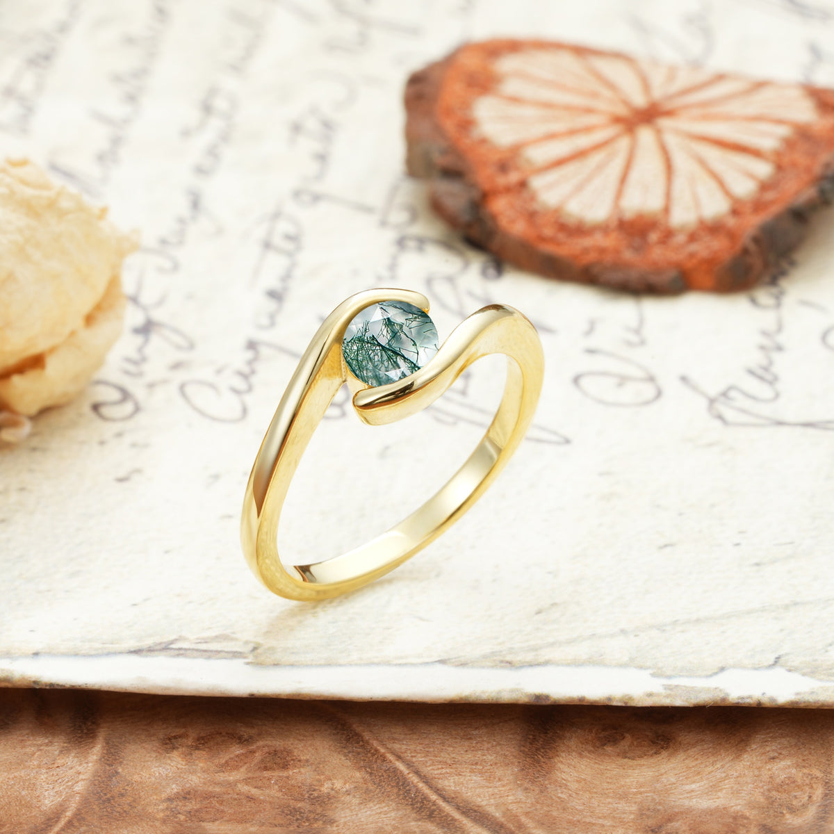 Unique, Minimalist, and Intertwined Round Cut Moss Agate Engagement Ring - Additional view