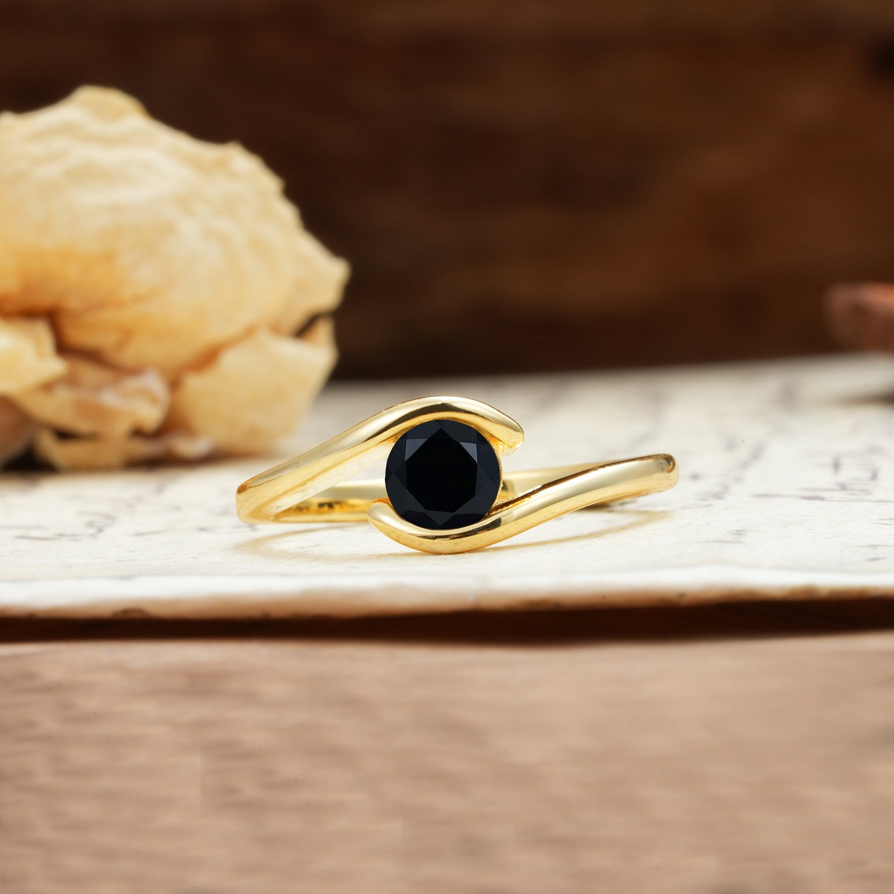 Unique, Minimalist, and Intertwined Round Cut Black Onyx Engagement Ring - Additional view