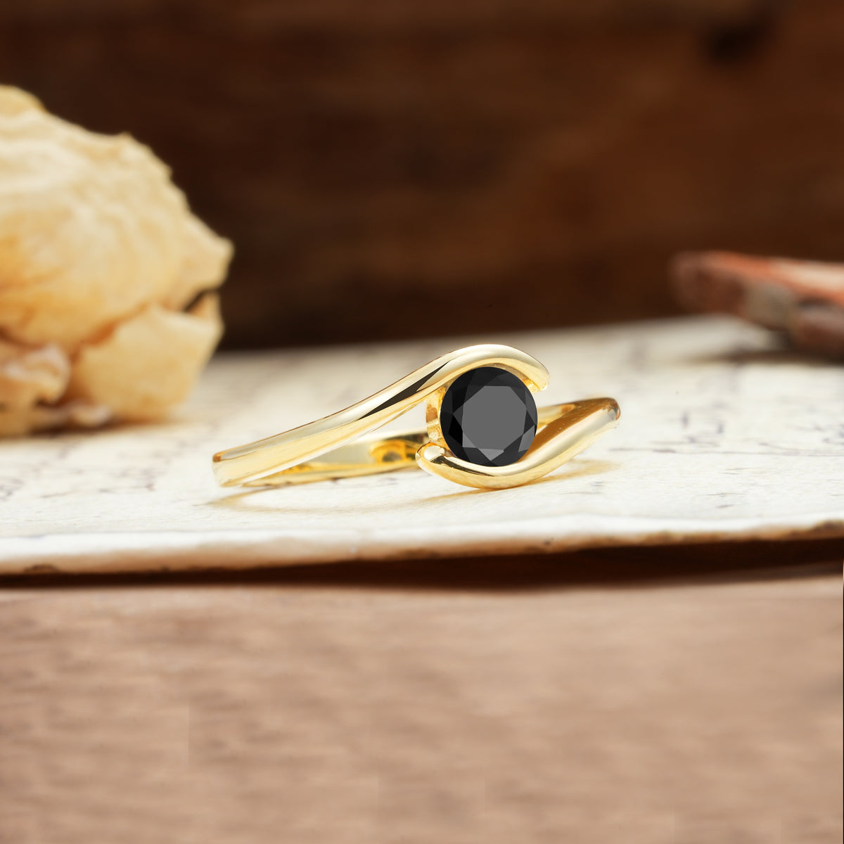 Unique, Minimalist, and Intertwined Round Cut Black Onyx Engagement Ring - Additional view