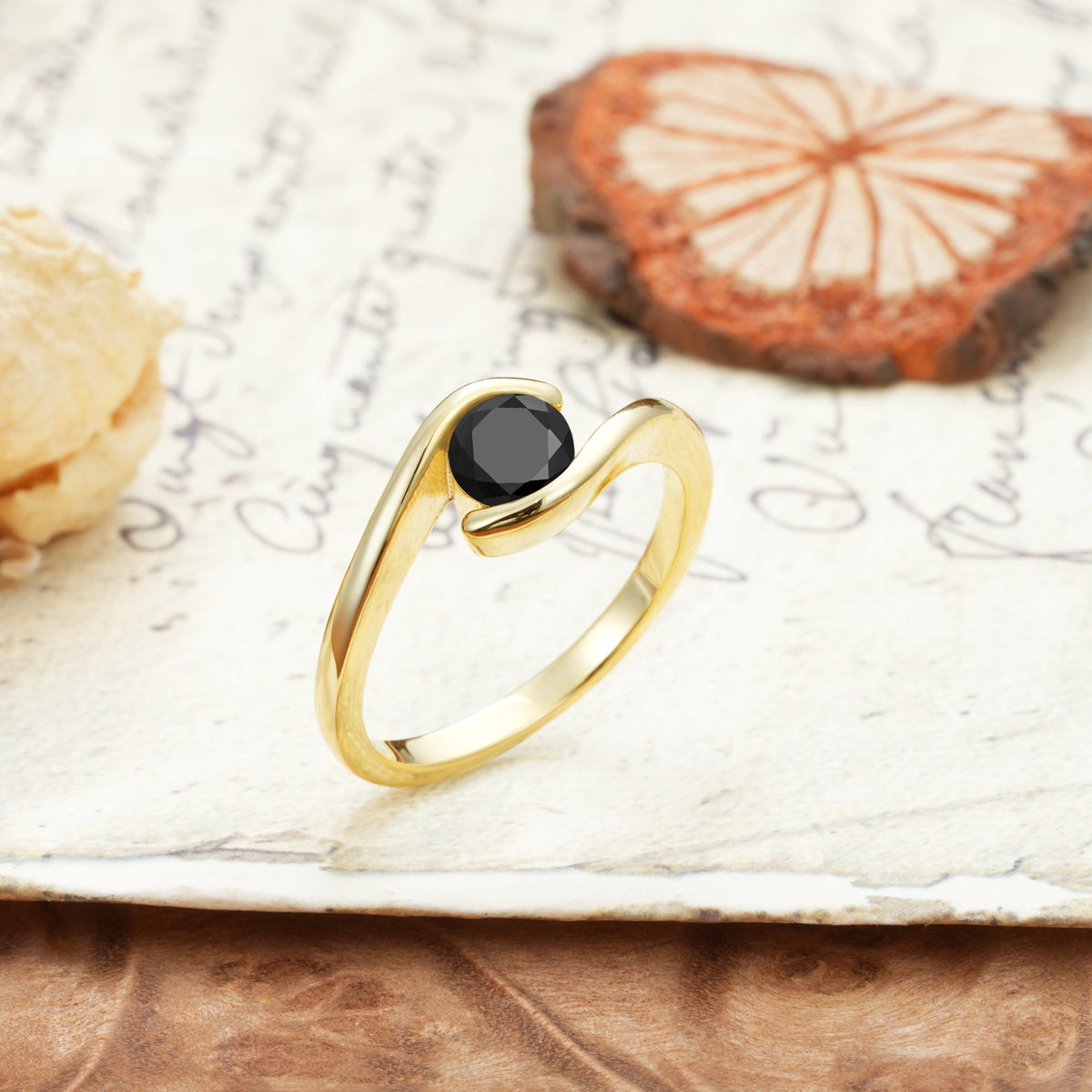 Unique, Minimalist, and Intertwined Round Cut Black Onyx Engagement Ring - Additional view