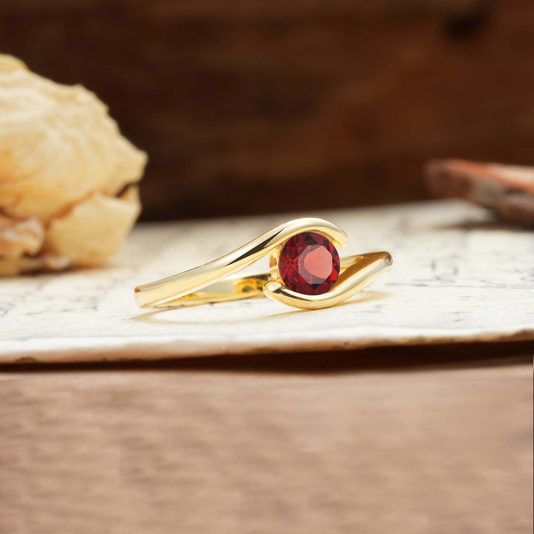 Unique, Minimalist, and Intertwined Round Cut Garnet Engagement Ring - Additional view