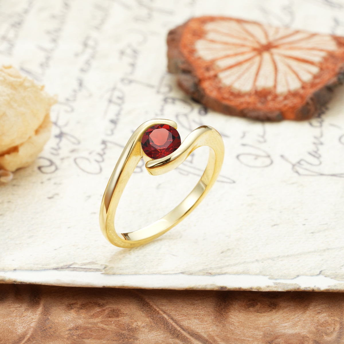 Unique, Minimalist, and Intertwined Round Cut Garnet Engagement Ring - Additional view