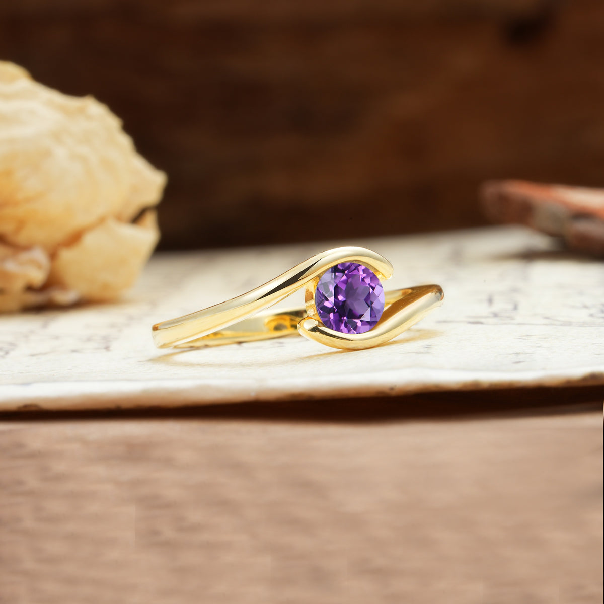 Unique, Minimalist, and Intertwined Round Cut Amethyst Engagement Ring - Additional view