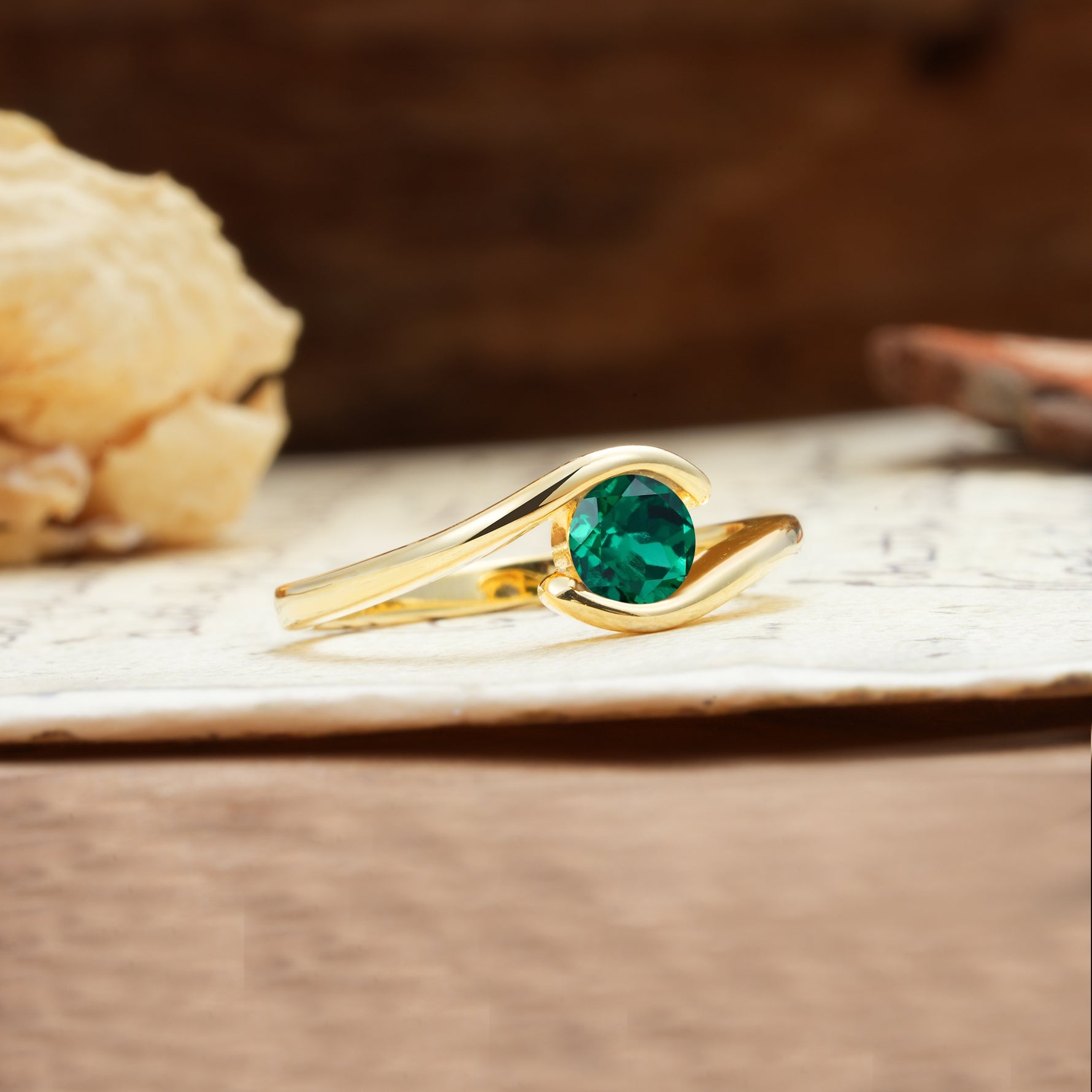 Unique, Minimalist, and Intertwined Round Cut Emerald Engagement Ring - Additional view