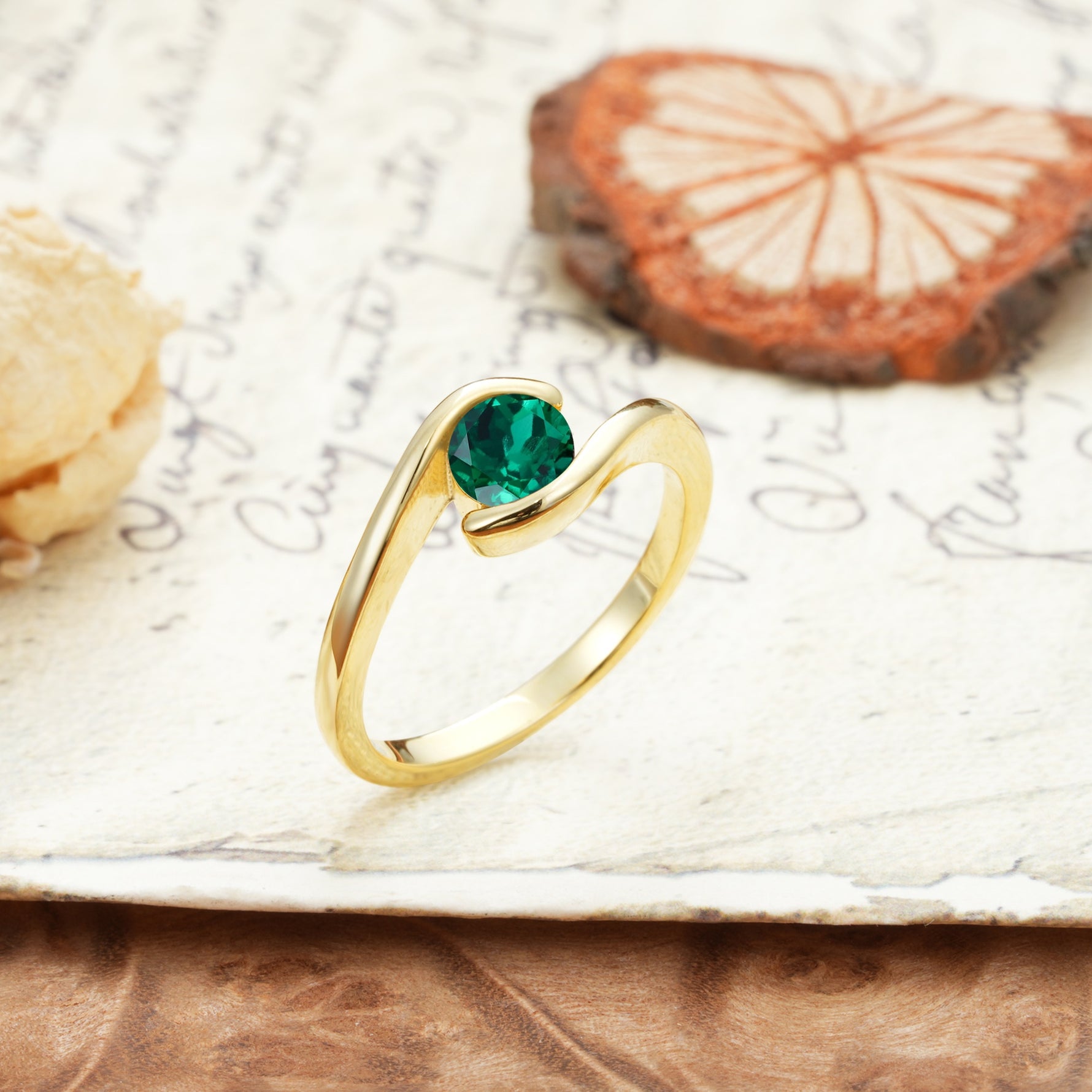 Unique, Minimalist, and Intertwined Round Cut Emerald Engagement Ring - Additional view