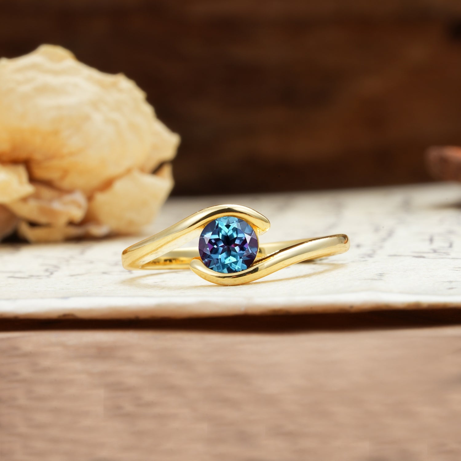 Unique, Minimalist, and Intertwined Round Cut Alexandrite Engagement Ring - Additional view