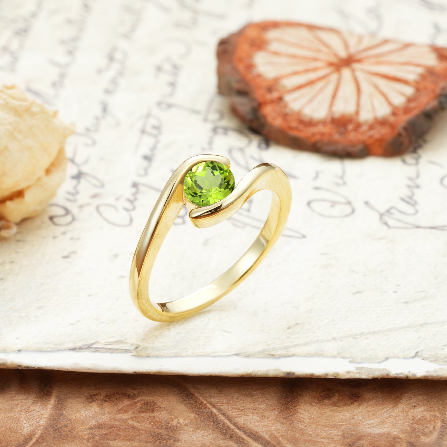 Unique, Minimalist, and Intertwined Round Cut Peridot Engagement Ring - Additional view