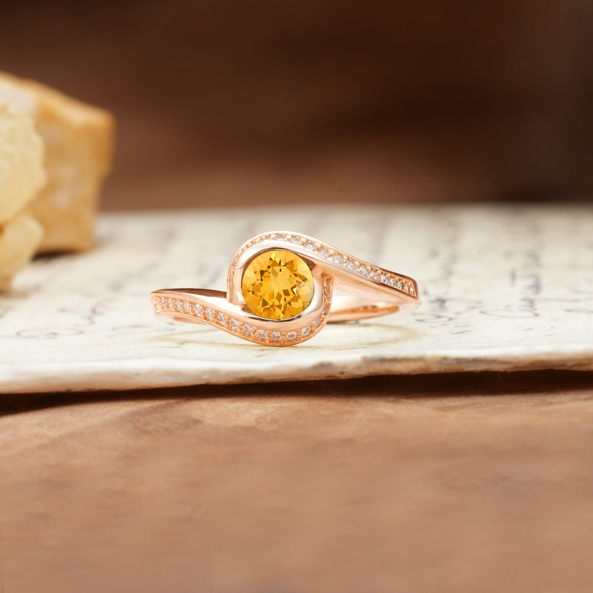 Unique Pavé-Set Spiral Round Cut Citrine Engagement Ring - Additional view