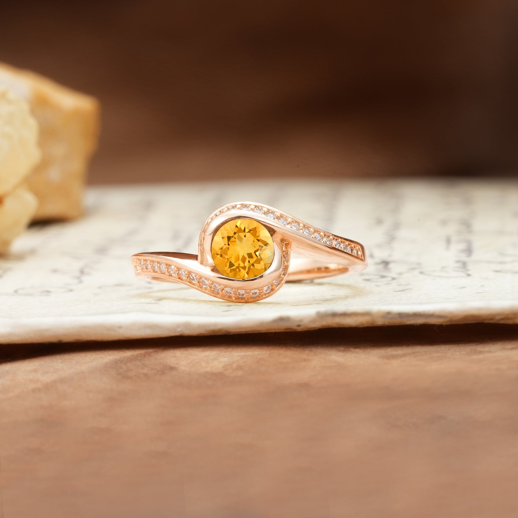 Unique Pavé-Set Spiral Round Cut Citrine Engagement Ring - Additional view