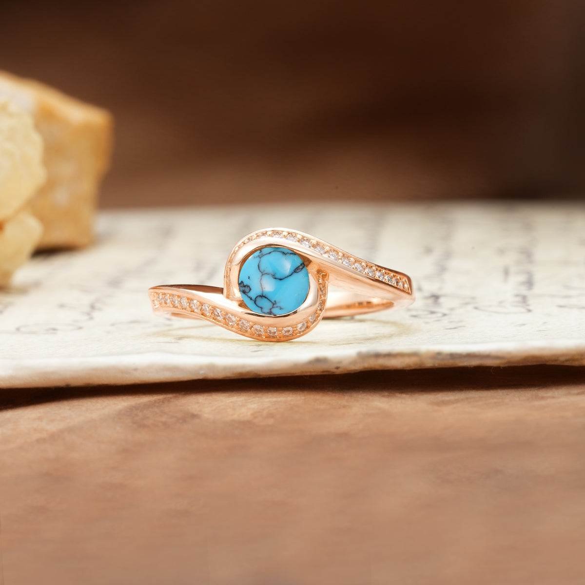 Unique Pavé-Set Spiral Round Cut Turquoise Engagement Ring - Additional view