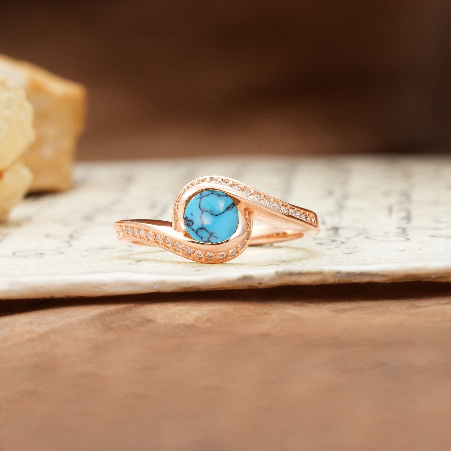 Unique Pavé-Set Spiral Round Cut Turquoise Engagement Ring - Additional view