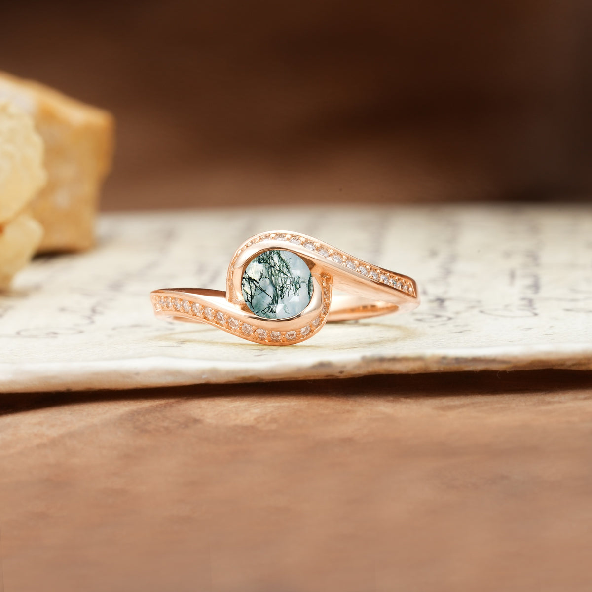 Unique Pavé-Set Spiral Round Cut Moss Agate Engagement Ring - Additional view
