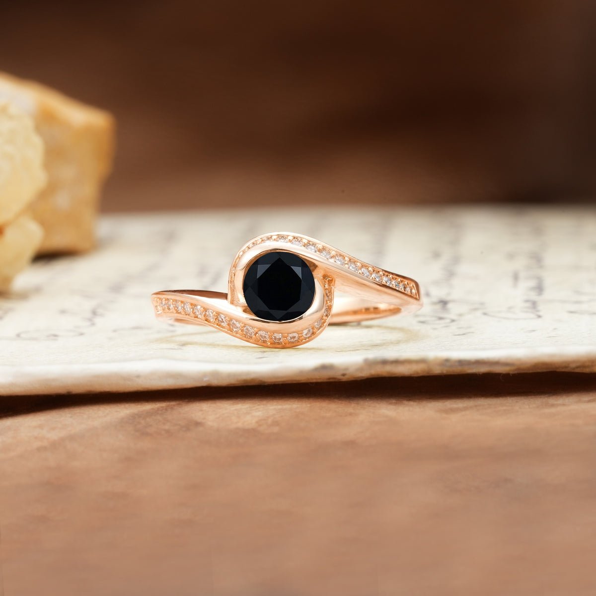 Unique Pavé-Set Spiral Round Cut Black Onyx Engagement Ring - Additional view