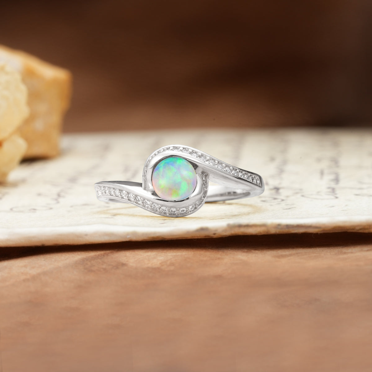Unique Pavé-Set Spiral Round Cut Fire Opal Engagement Ring - Additional view
