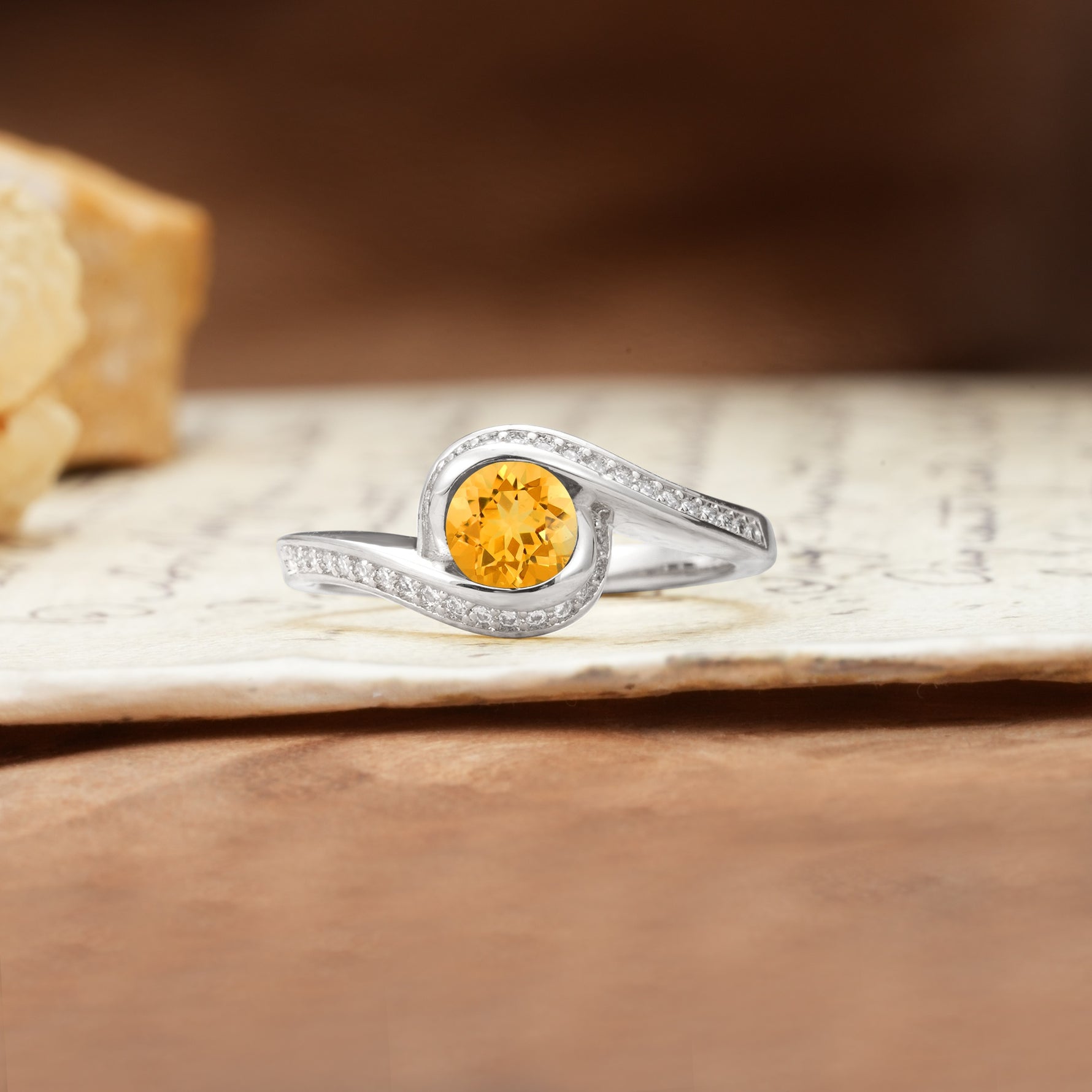 Unique Pavé-Set Spiral Round Cut Citrine Engagement Ring - Additional view