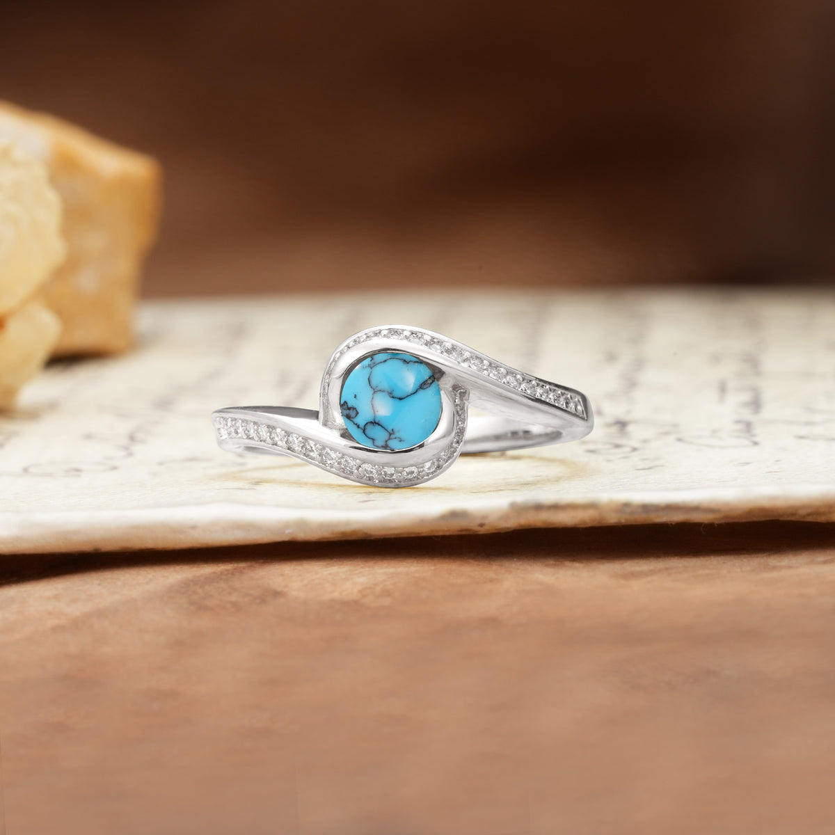 Unique Pavé-Set Spiral Round Cut Turquoise Engagement Ring - Additional view