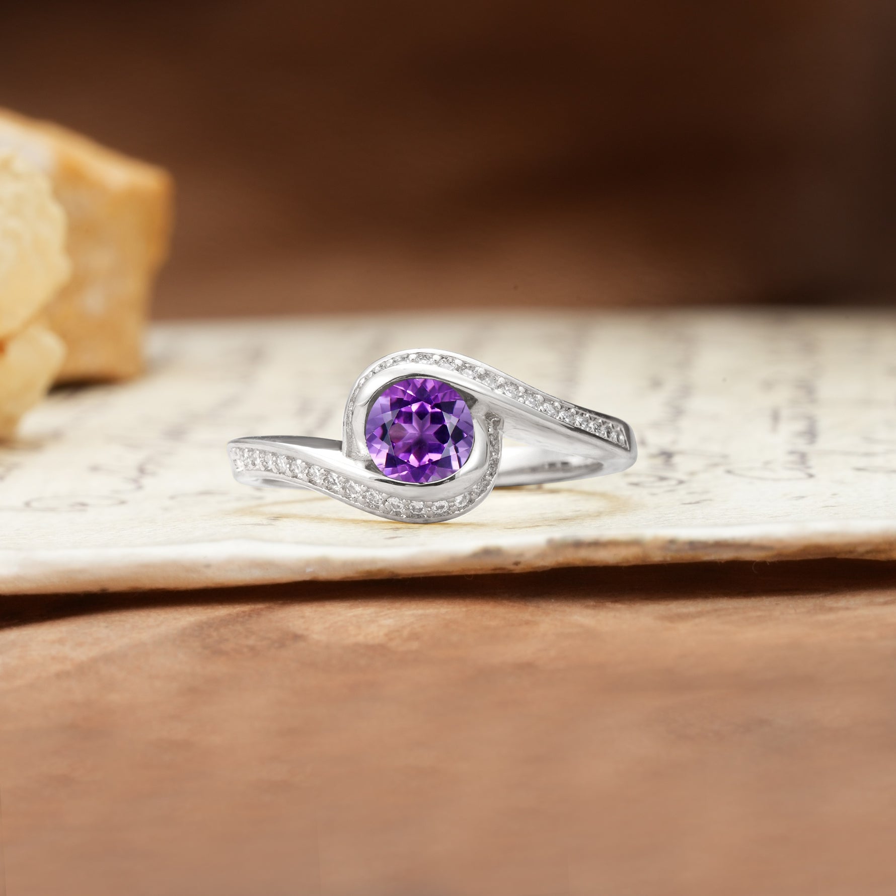 Unique Pavé-Set Spiral Round Cut Amethyst Engagement Ring - Additional view