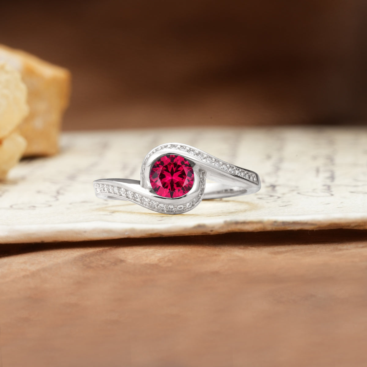 Unique Pavé-Set Spiral Round Cut Ruby Engagement Ring - Additional view