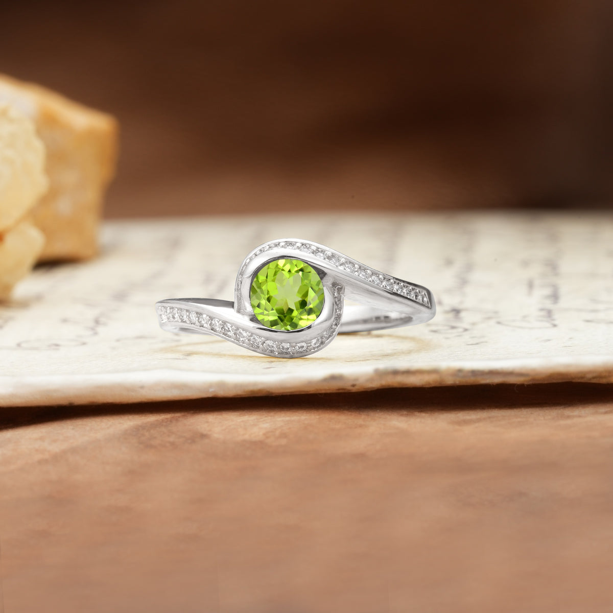 Unique Pavé-Set Spiral Round Cut Peridot Engagement Ring - Additional view