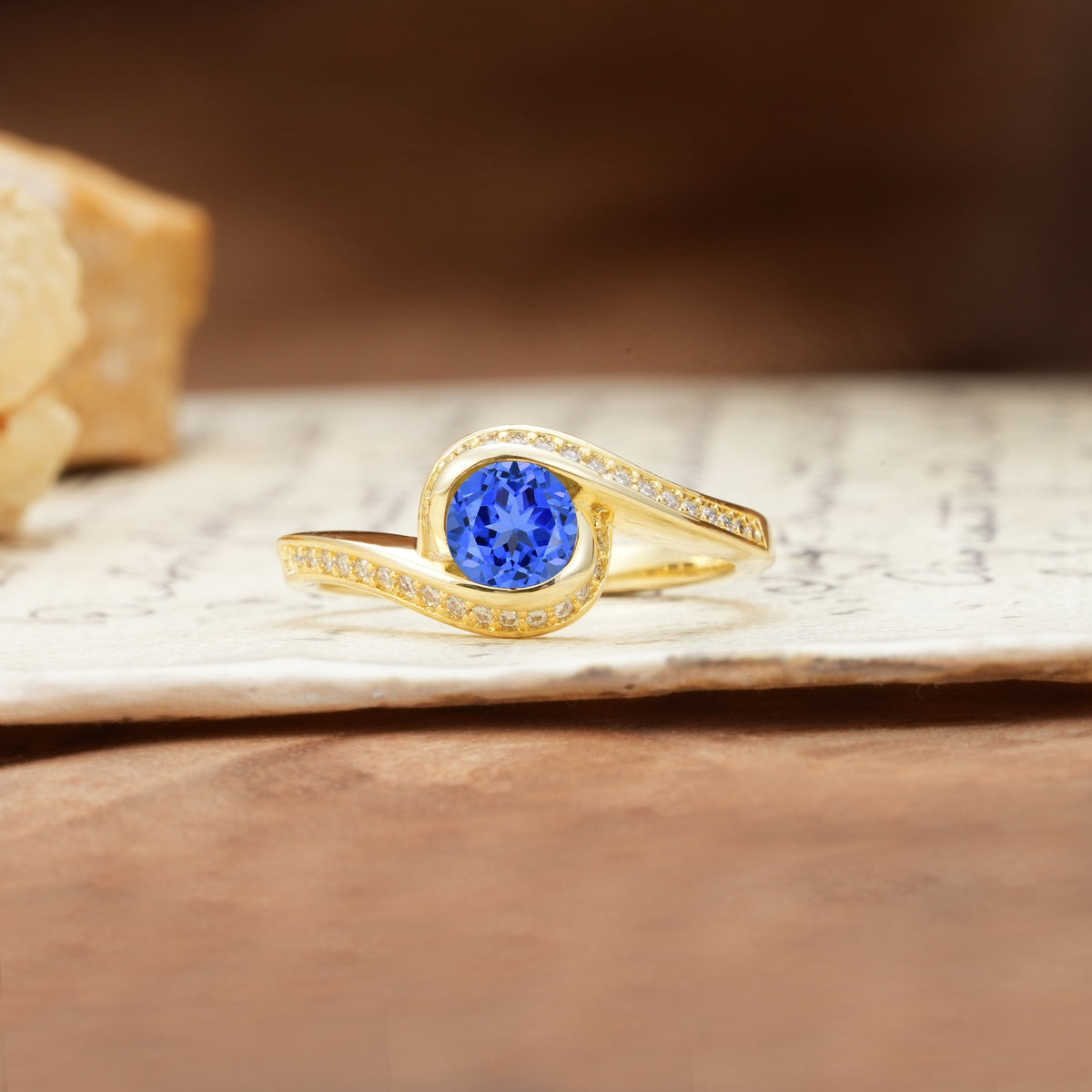 Unique Pavé-Set Spiral Round Cut Sapphire Engagement Ring - Additional view