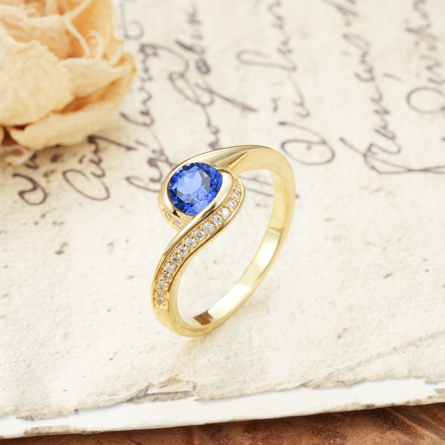 Unique Pavé-Set Spiral Round Cut Sapphire Engagement Ring - Additional view