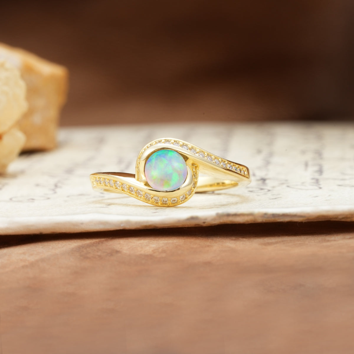 Unique Pavé-Set Spiral Round Cut Fire Opal Engagement Ring - Additional view