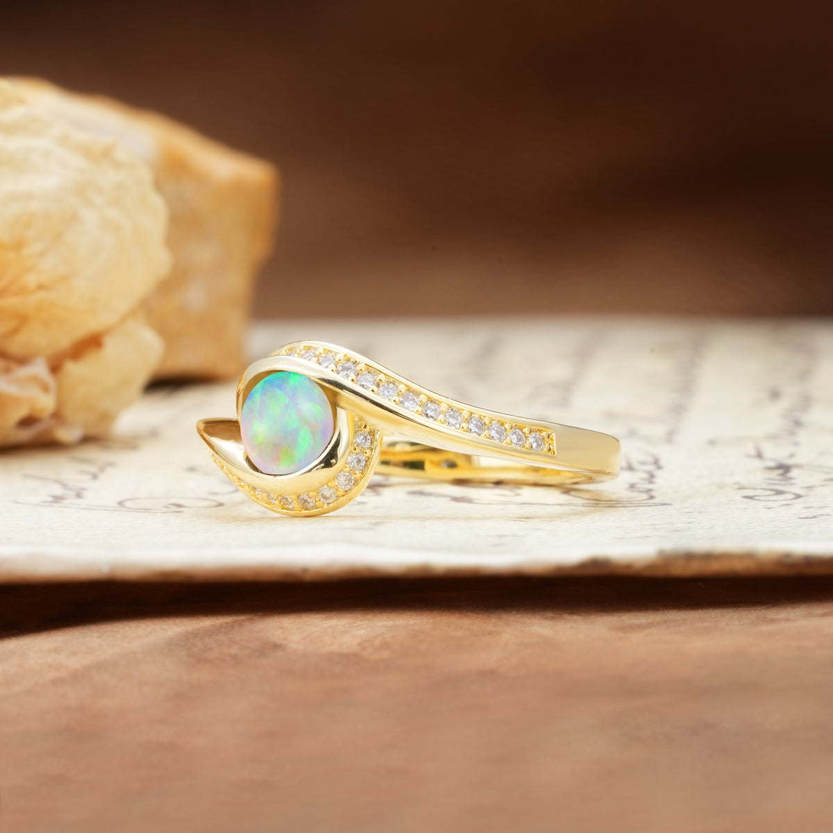 Unique Pavé-Set Spiral Round Cut Fire Opal Engagement Ring - Additional view
