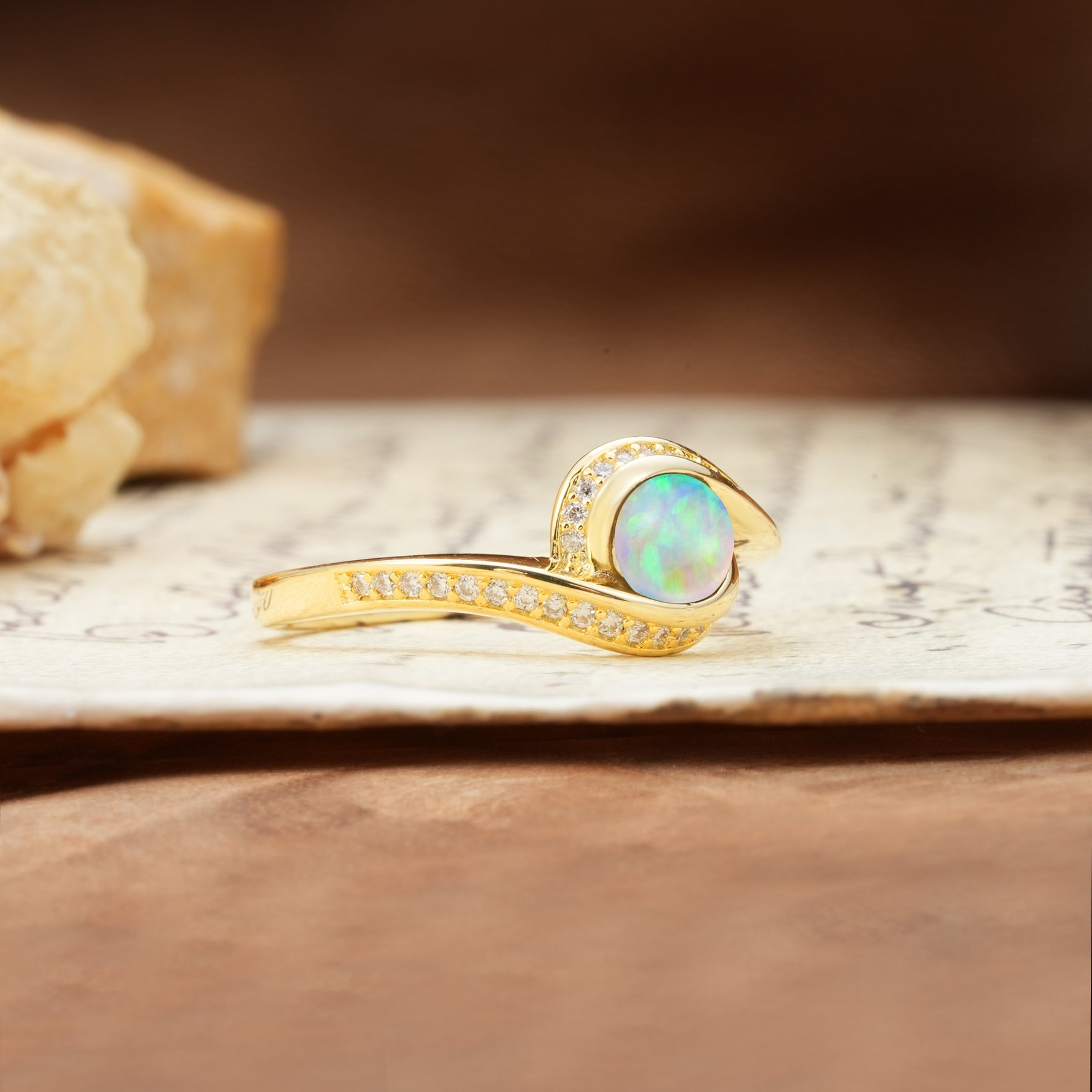 Unique Pavé-Set Spiral Round Cut Fire Opal Engagement Ring - Additional view