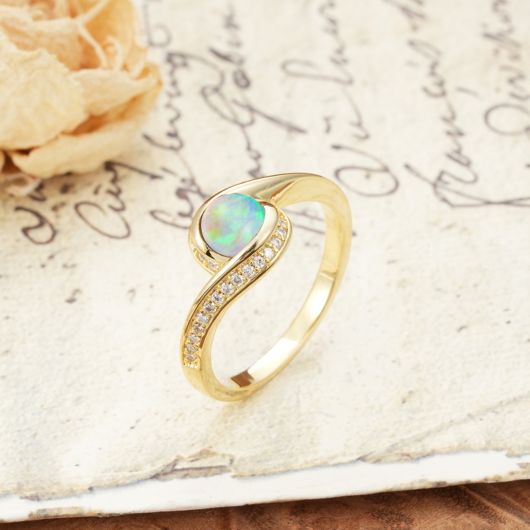 Unique Pavé-Set Spiral Round Cut Fire Opal Engagement Ring - Additional view