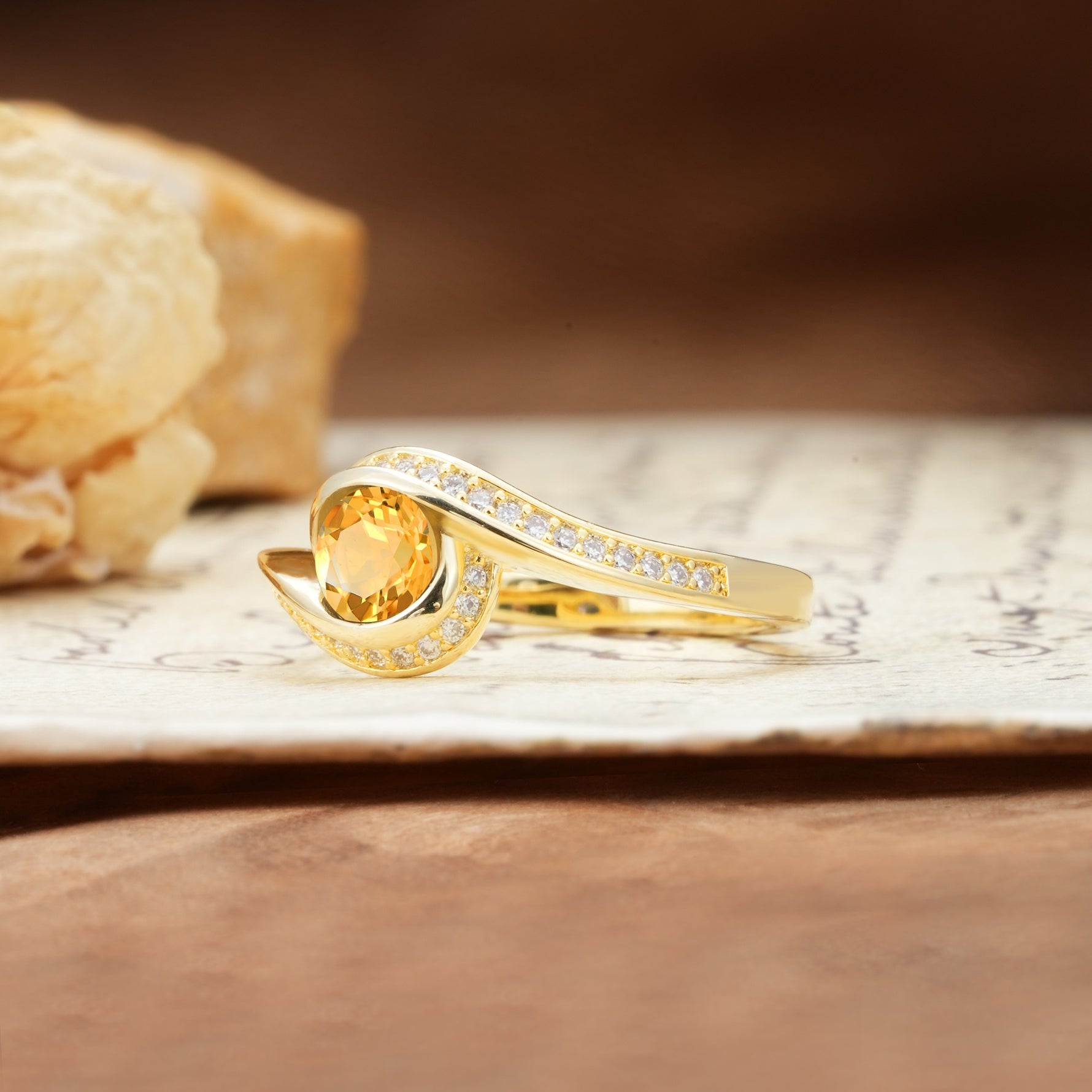 Unique Pavé-Set Spiral Round Cut Citrine Engagement Ring - Additional view