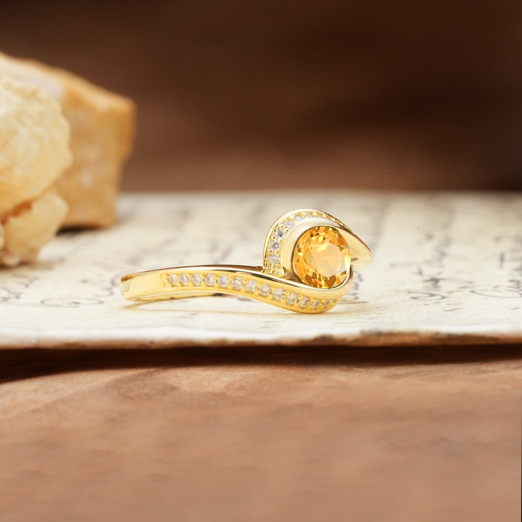 Unique Pavé-Set Spiral Round Cut Citrine Engagement Ring - Additional view