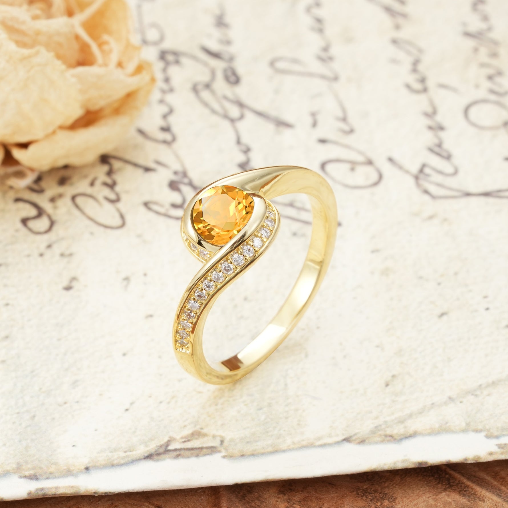 Unique Pavé-Set Spiral Round Cut Citrine Engagement Ring - Additional view