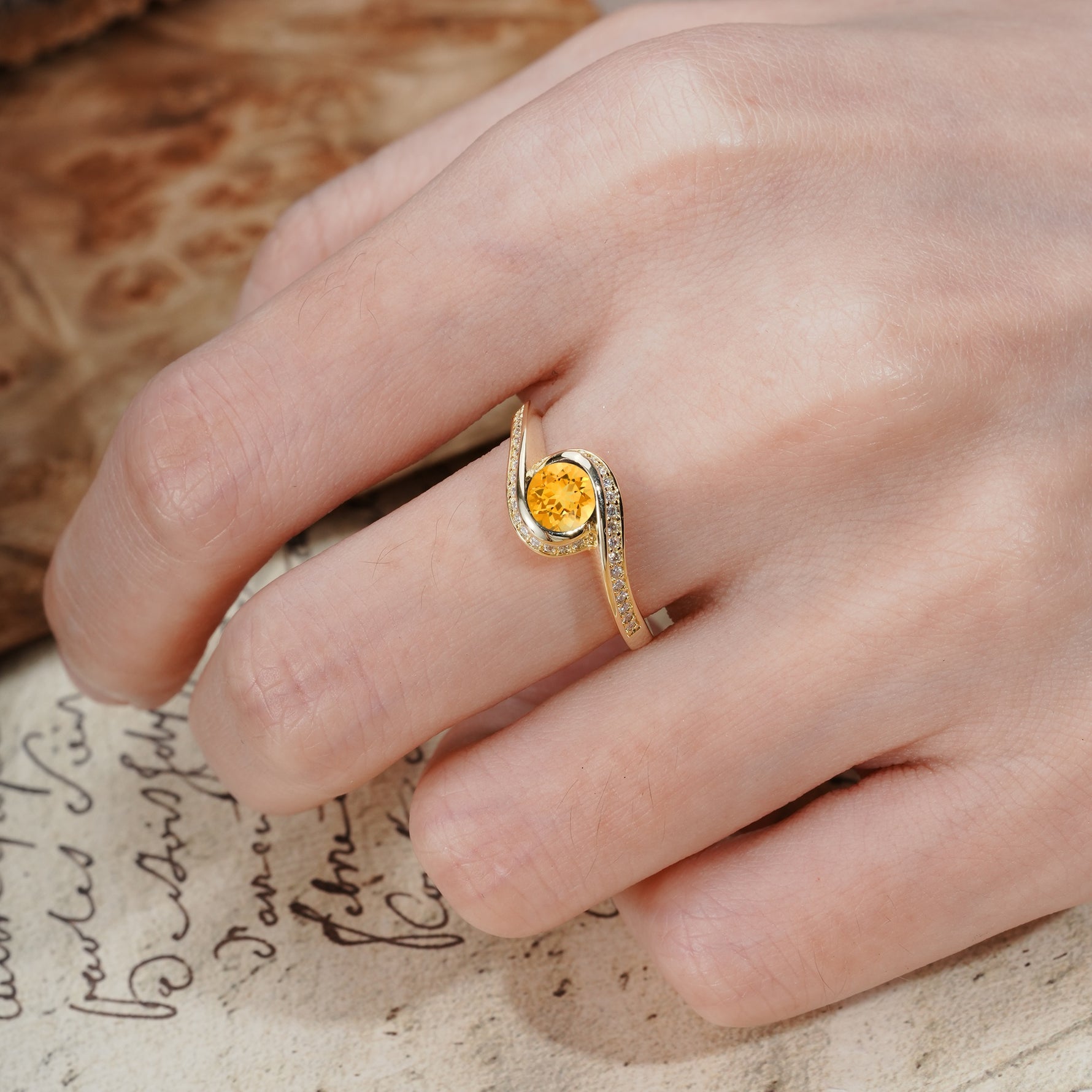 Unique Pavé-Set Spiral Round Cut Citrine Engagement Ring - Additional view