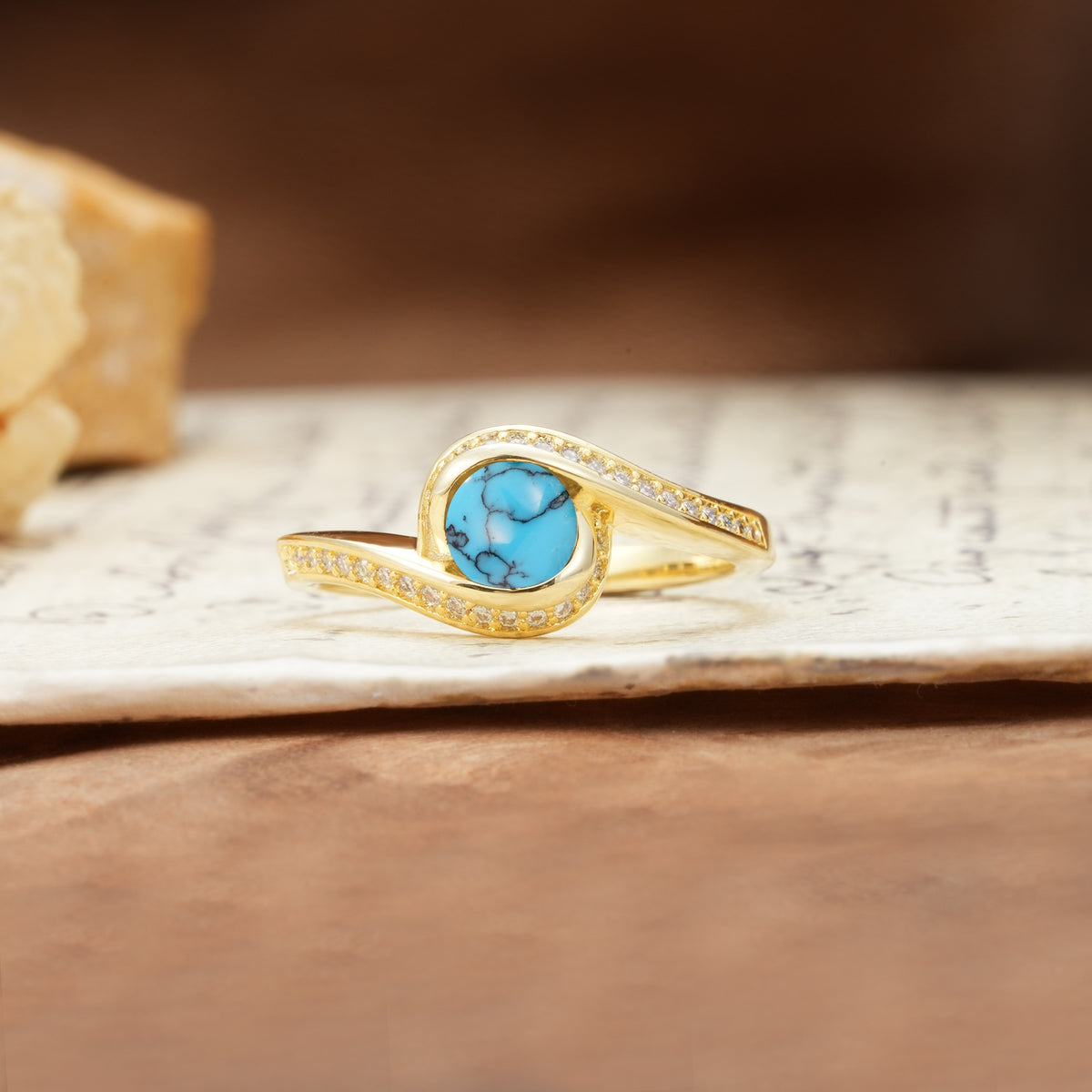 Unique Pavé-Set Spiral Round Cut Turquoise Engagement Ring - Additional view