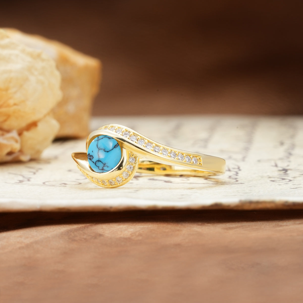 Unique Pavé-Set Spiral Round Cut Turquoise Engagement Ring - Additional view