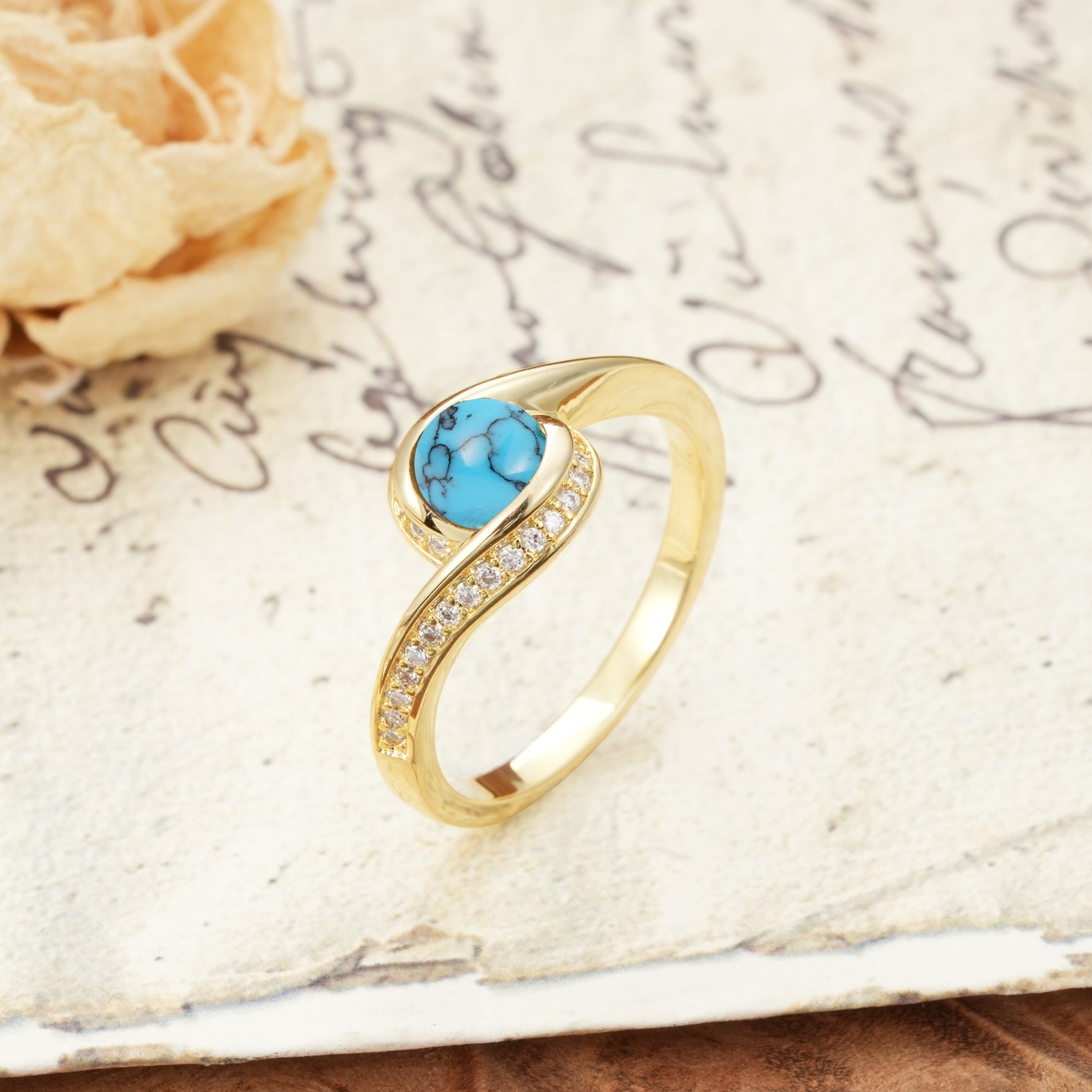 Unique Pavé-Set Spiral Round Cut Turquoise Engagement Ring - Additional view